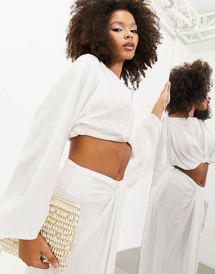 ASOS EDITION drape front linen long sleeve crop top & maxi skirt in white